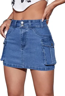 WDIRARA Women's Low Waist Button Bodycon Mini Cargo Denim Skirt with Pocket