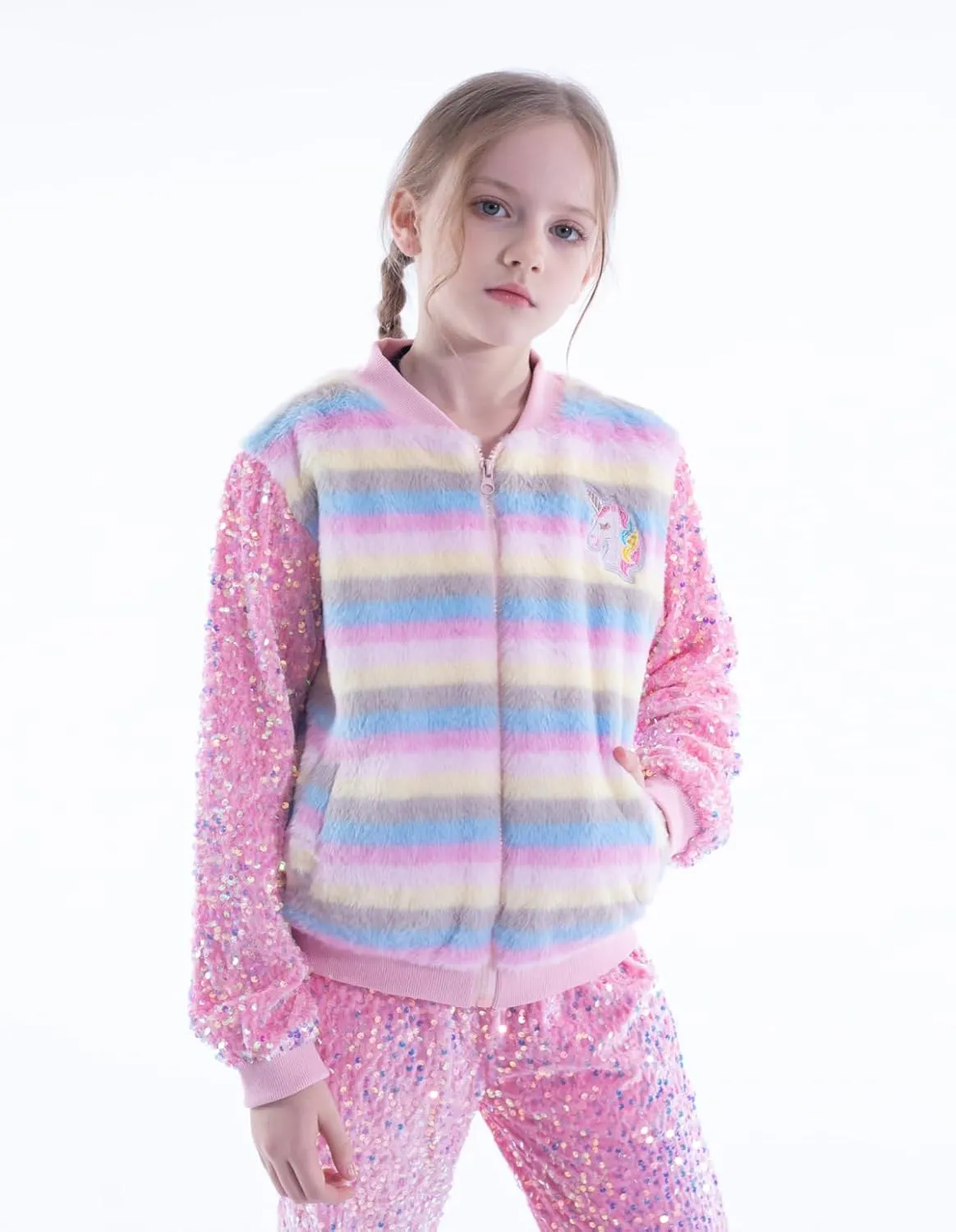 WELAKEN Girls Unicorn Fleece Full-zip Sequin Sleeves Jacket with Pocket for Toddler & Kids