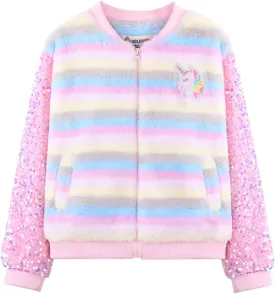 WELAKEN Girls Unicorn Fleece Full-zip Sequin Sleeves Jacket with Pocket for Toddler & Kids