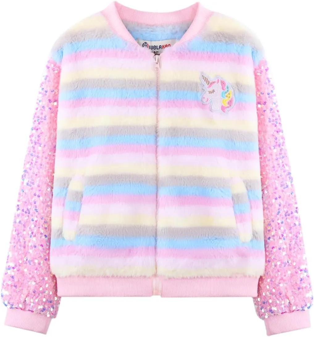 WELAKEN Girls Unicorn Fleece Full-zip Sequin Sleeves Jacket with Pocket for Toddler & Kids