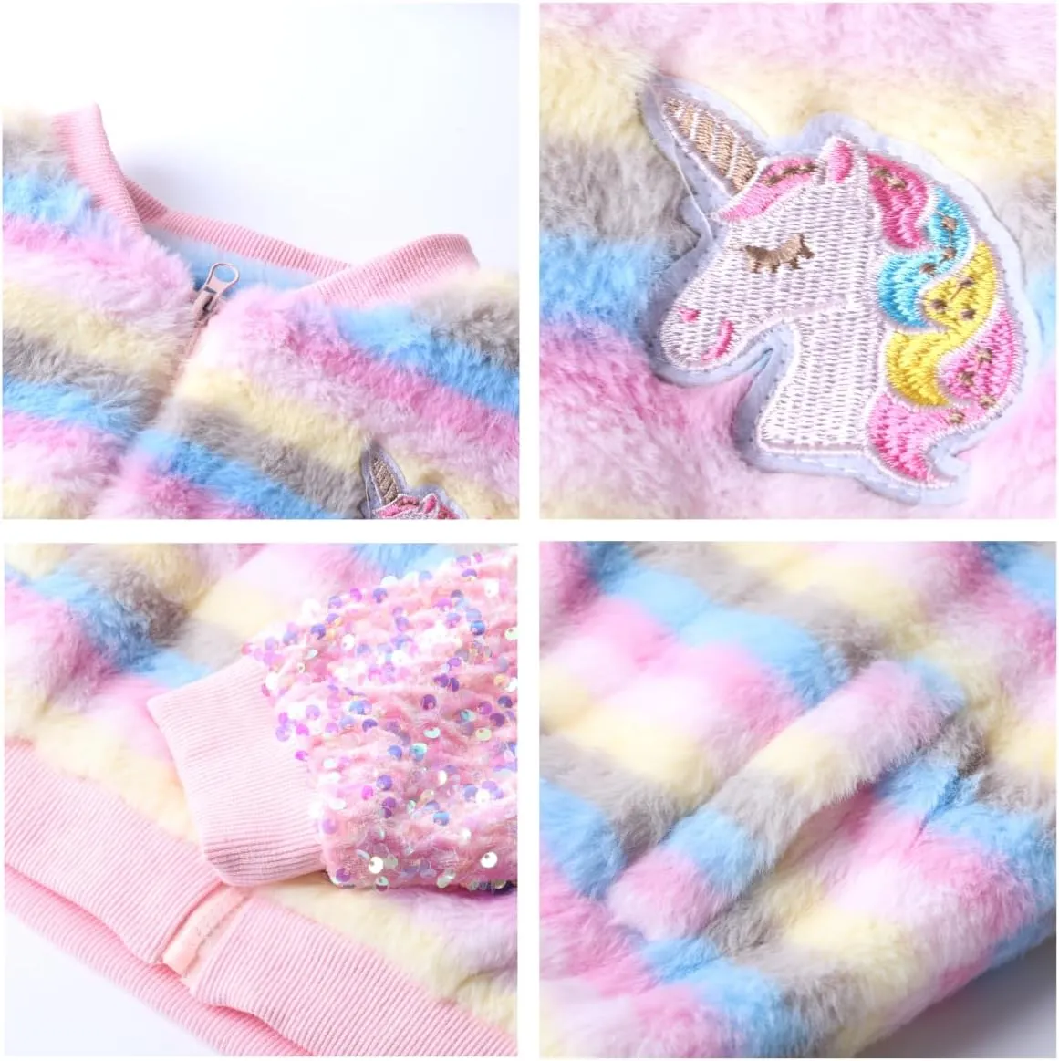 WELAKEN Girls Unicorn Fleece Full-zip Sequin Sleeves Jacket with Pocket for Toddler & Kids