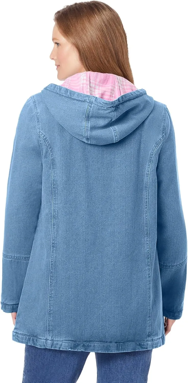 Woman Within Plus Size Flannel-Lined Denim Jacket Removable Hood Long Oversized Jean Coat