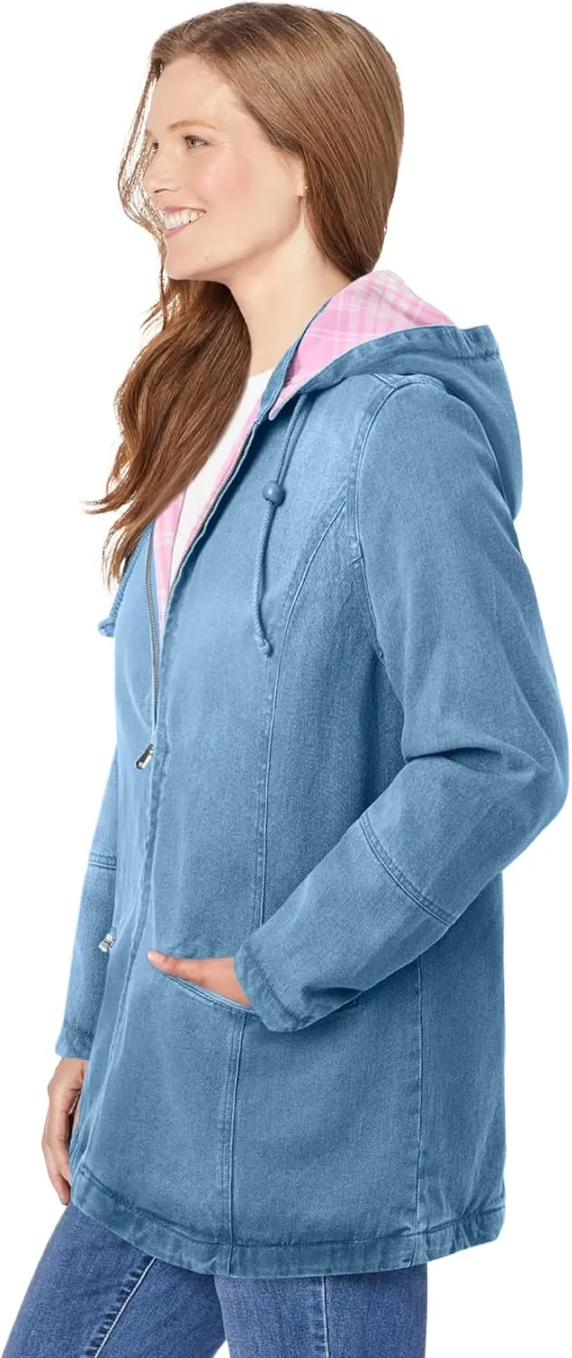 Woman Within Plus Size Flannel-Lined Denim Jacket Removable Hood Long Oversized Jean Coat