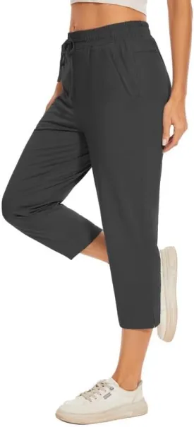 Women Casual Capris 21" with Deep Zipper Pockets Drawstring Comfy Tapered Sweatpants for Golf Athletic Travel Work