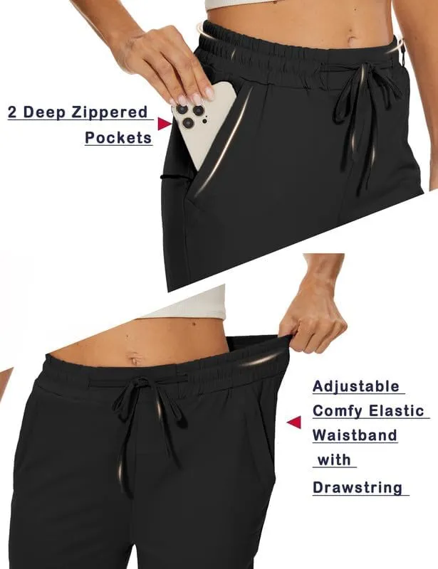 Women Casual Capris 21" with Deep Zipper Pockets Drawstring Comfy Tapered Sweatpants for Golf Athletic Travel Work