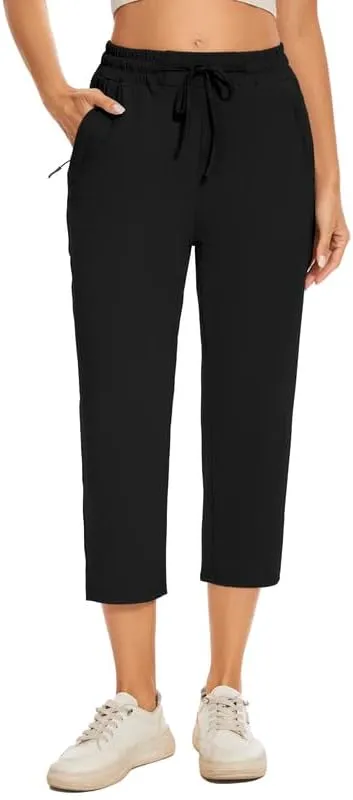 Women Casual Capris 21" with Deep Zipper Pockets Drawstring Comfy Tapered Sweatpants for Golf Athletic Travel Work