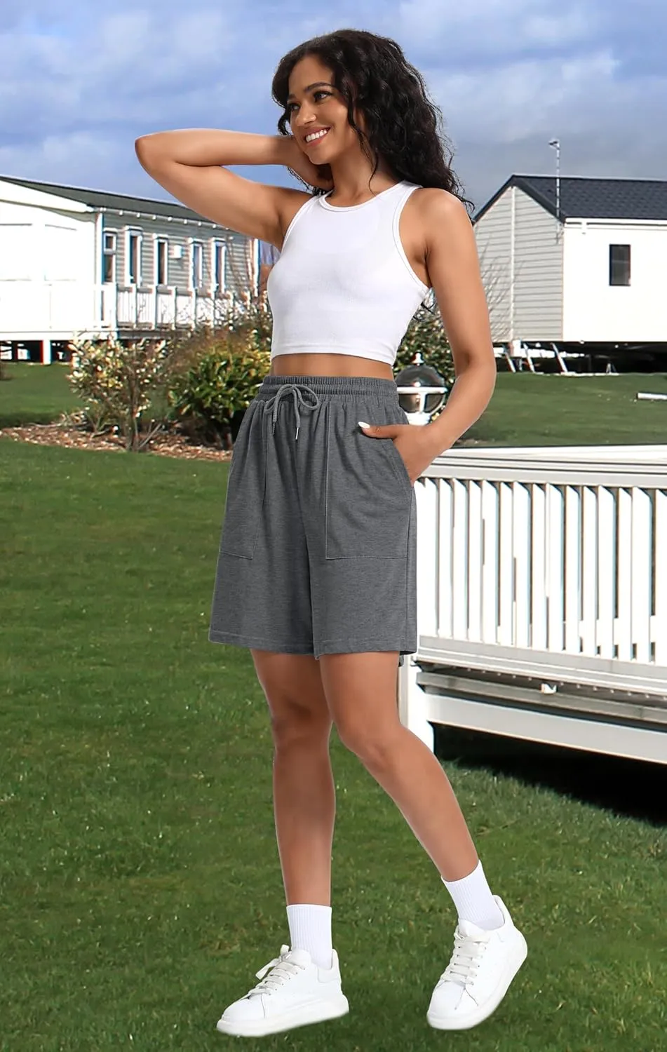 Women Cotton Sweat Shorts Casual Summer High Waist Loose Drawstring Athletic Shorts with Pockets