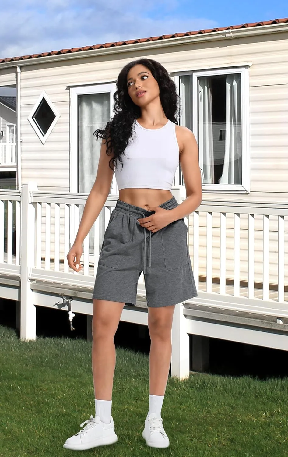 Women Cotton Sweat Shorts Casual Summer High Waist Loose Drawstring Athletic Shorts with Pockets