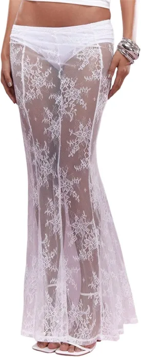 Women Sexy Lace Long Skirt Sheer Mesh Bodycon Maxi Skirts Elegant Summer Beach Coverups