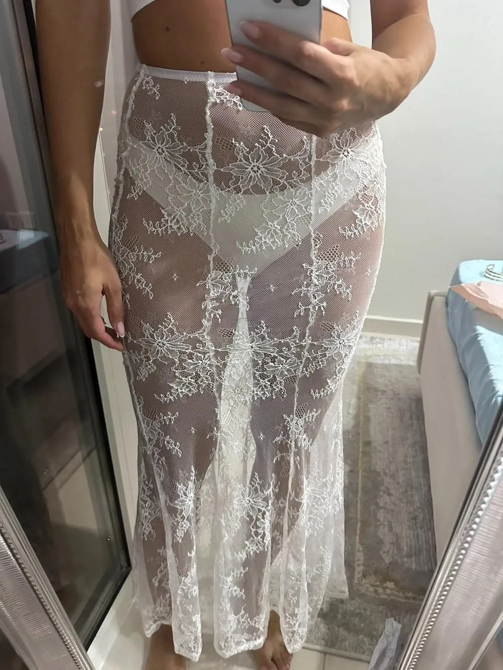 Women Sexy Lace Long Skirt Sheer Mesh Bodycon Maxi Skirts Elegant Summer Beach Coverups