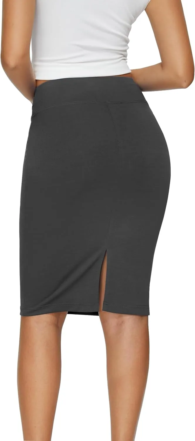 Women's Elastic Waist Stretch Knee Length Midi Pencil Skirt Cute Button Bodycon Work Dress Skirts with Slit