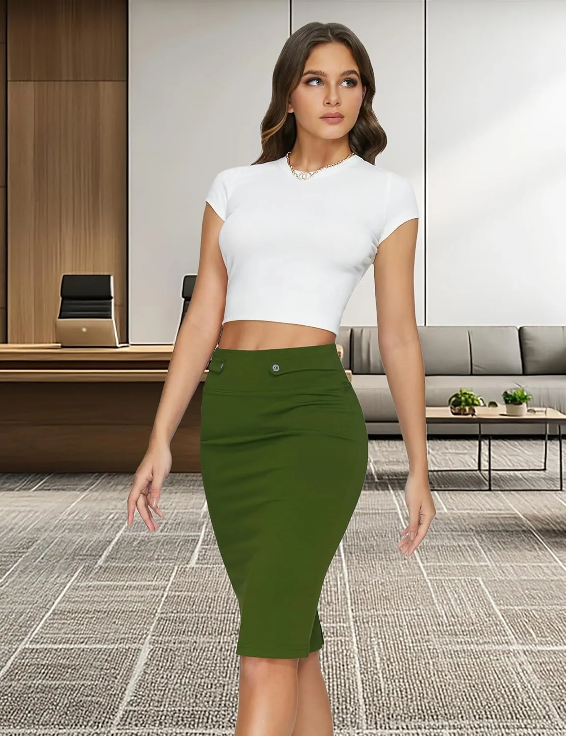 Women's Elastic Waist Stretch Knee Length Midi Pencil Skirt Cute Button Bodycon Work Dress Skirts with Slit