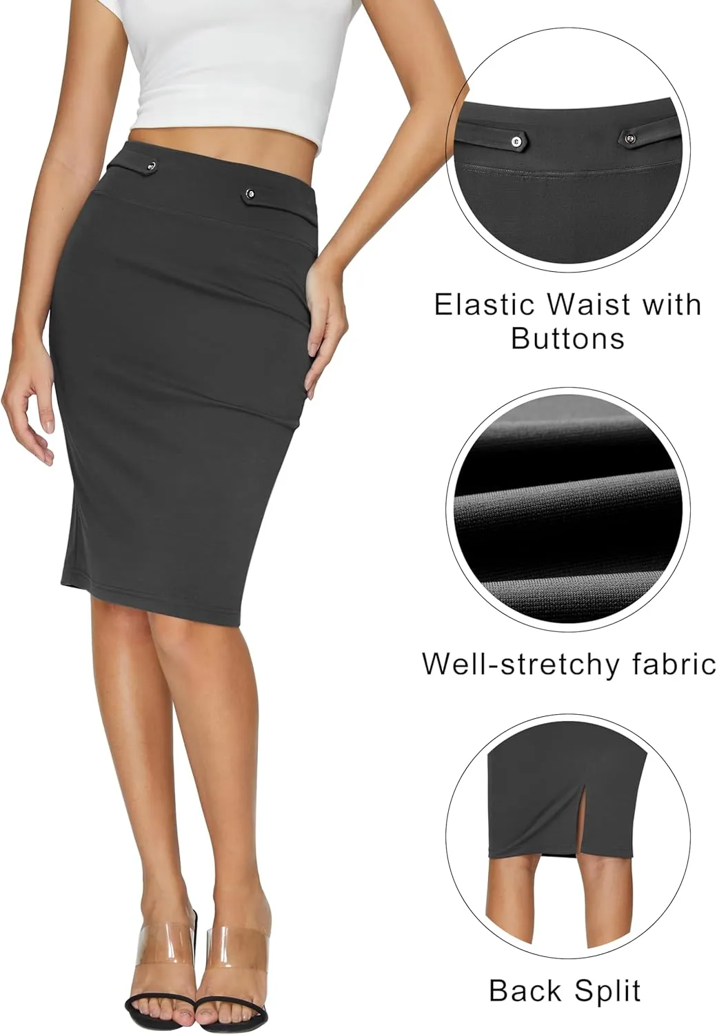 Women's Elastic Waist Stretch Knee Length Midi Pencil Skirt Cute Button Bodycon Work Dress Skirts with Slit