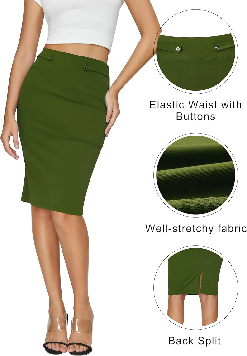 Women's Elastic Waist Stretch Knee Length Midi Pencil Skirt Cute Button Bodycon Work Dress Skirts with Slit