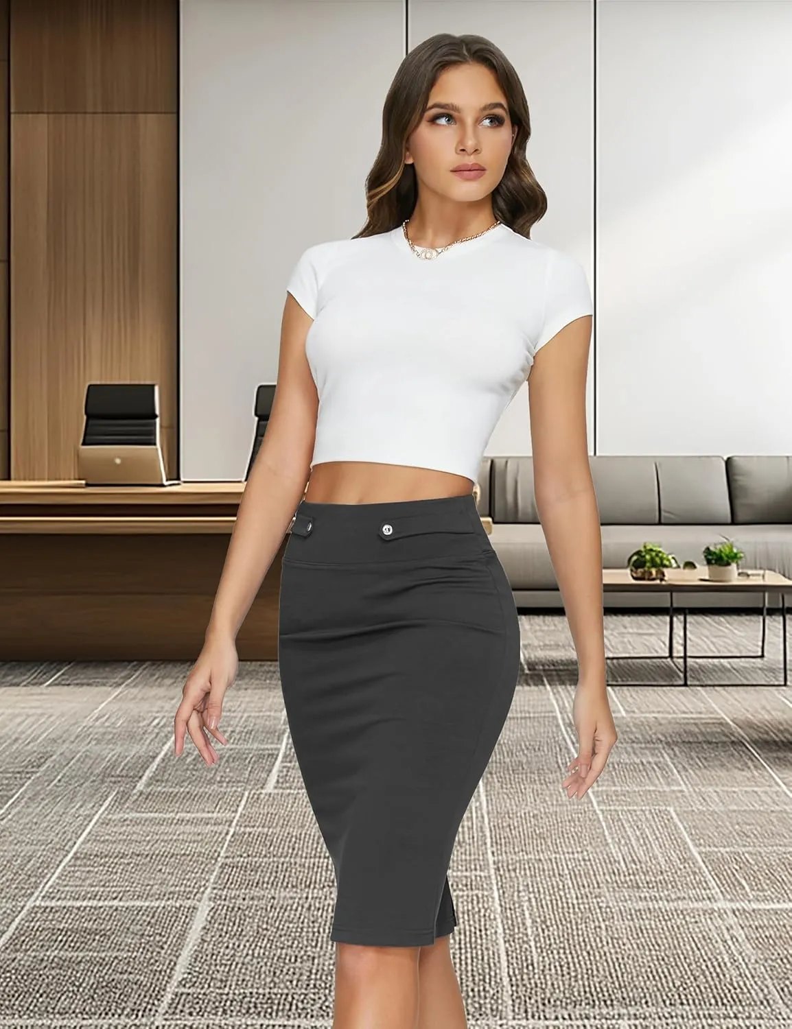 Women's Elastic Waist Stretch Knee Length Midi Pencil Skirt Cute Button Bodycon Work Dress Skirts with Slit