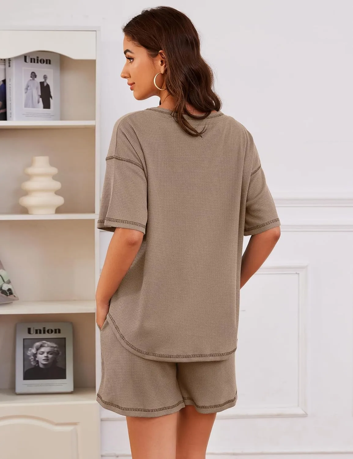 Womens Pajama Sets Waffle Knit 2 Piece Short Lounge Set Cute Sleep Loungewear Pjs Set Short Sleeve Top and Shorts