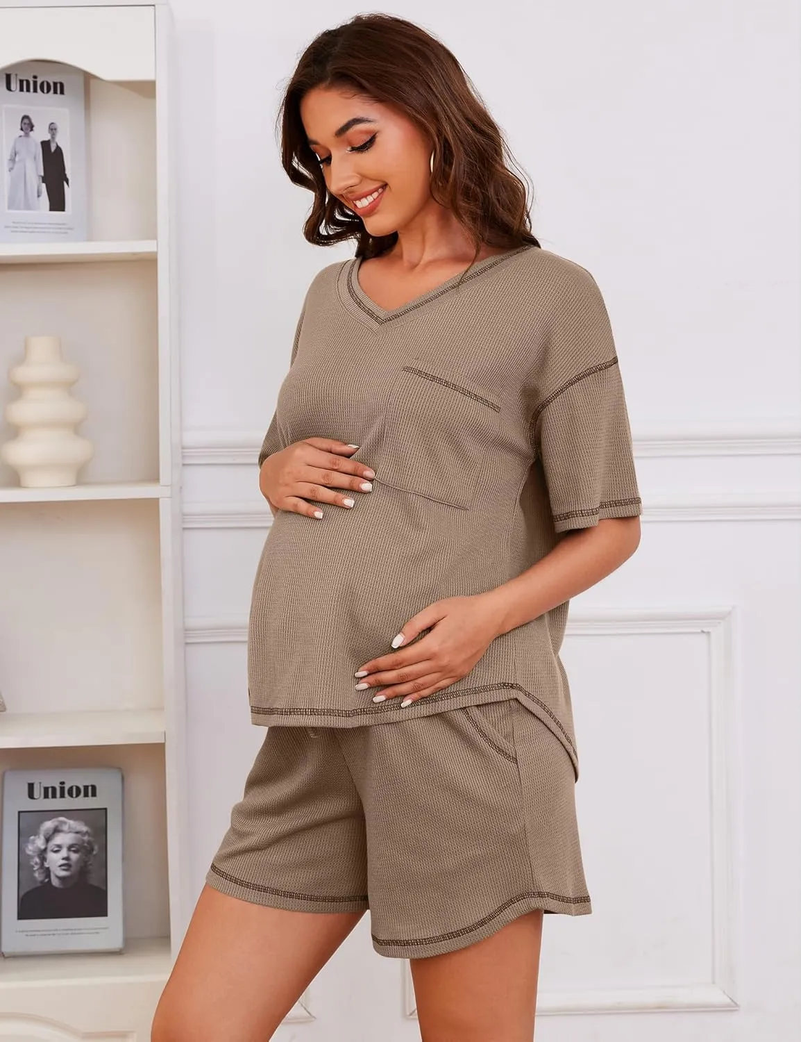 Womens Pajama Sets Waffle Knit 2 Piece Short Lounge Set Cute Sleep Loungewear Pjs Set Short Sleeve Top and Shorts