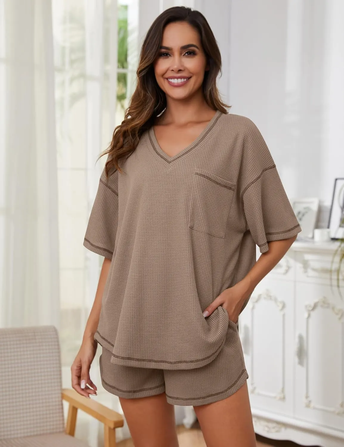 Womens Pajama Sets Waffle Knit 2 Piece Short Lounge Set Cute Sleep Loungewear Pjs Set Short Sleeve Top and Shorts