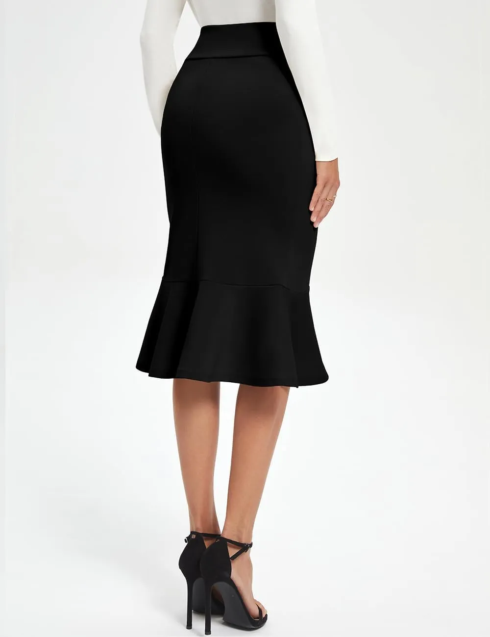 Women's Pencil Skirt High Waist Stretch Work Dressy Casual Midi Bodycon Fishtail Skirt Below Knee