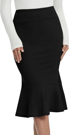 Women's Pencil Skirt High Waist Stretch Work Dressy Casual Midi Bodycon Fishtail Skirt Below Knee