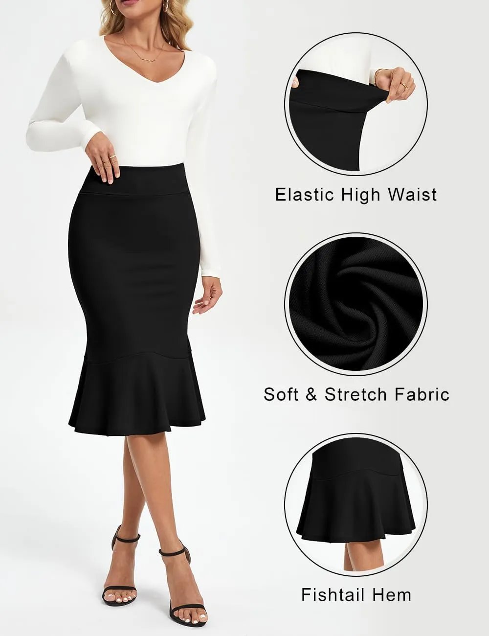 Women's Pencil Skirt High Waist Stretch Work Dressy Casual Midi Bodycon Fishtail Skirt Below Knee