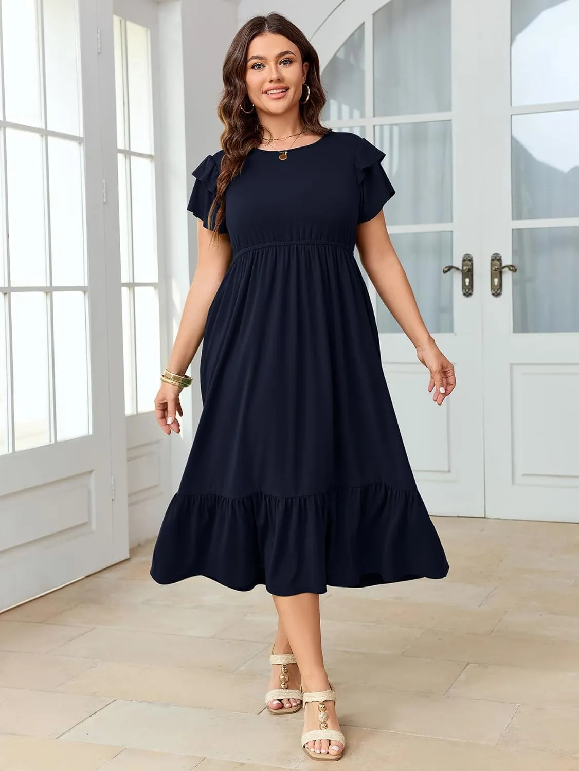 Women's Plus Size Dresses Ruffle Short Sleeve Crew Neck Casual Swing Tiered A-Line Midi Dress with Pockets