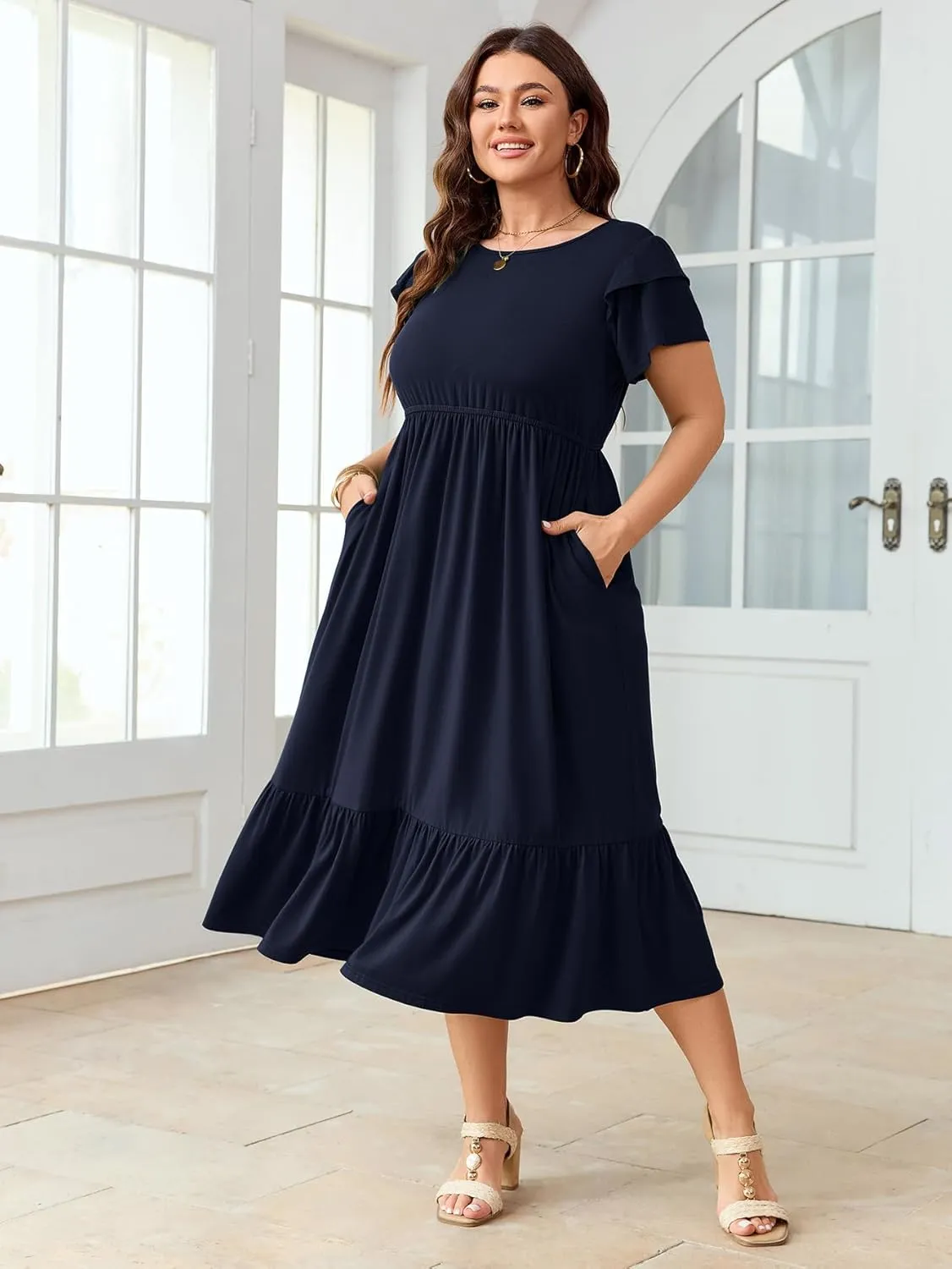 Women's Plus Size Dresses Ruffle Short Sleeve Crew Neck Casual Swing Tiered A-Line Midi Dress with Pockets