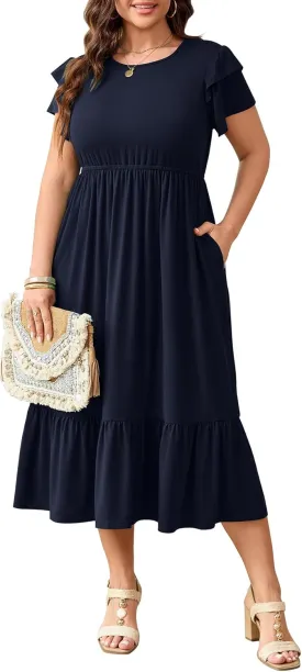 Women's Plus Size Dresses Ruffle Short Sleeve Crew Neck Casual Swing Tiered A-Line Midi Dress with Pockets