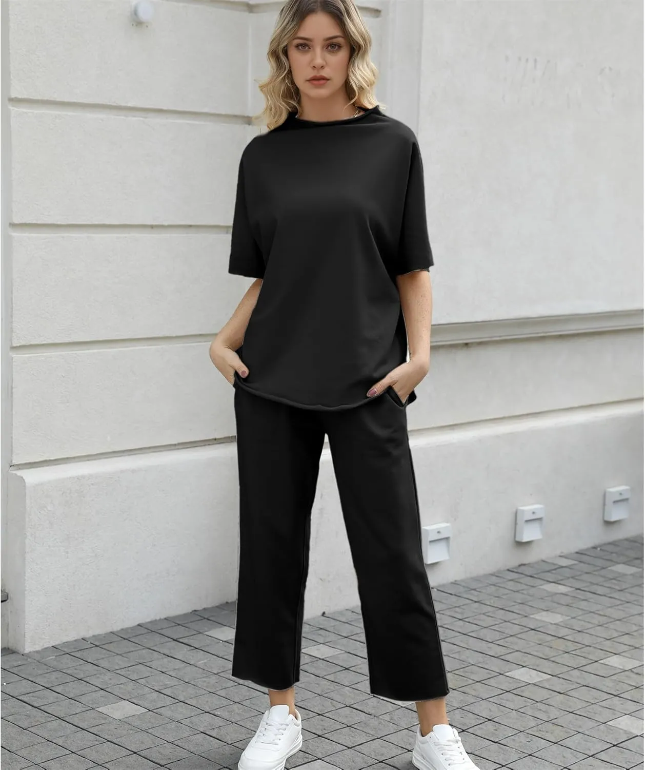 Women's Two Piece Outfits 3/4 Batwing Sleeve Capelet Crew Neck Pullover Top Wide Leg Pants Lounge Set
